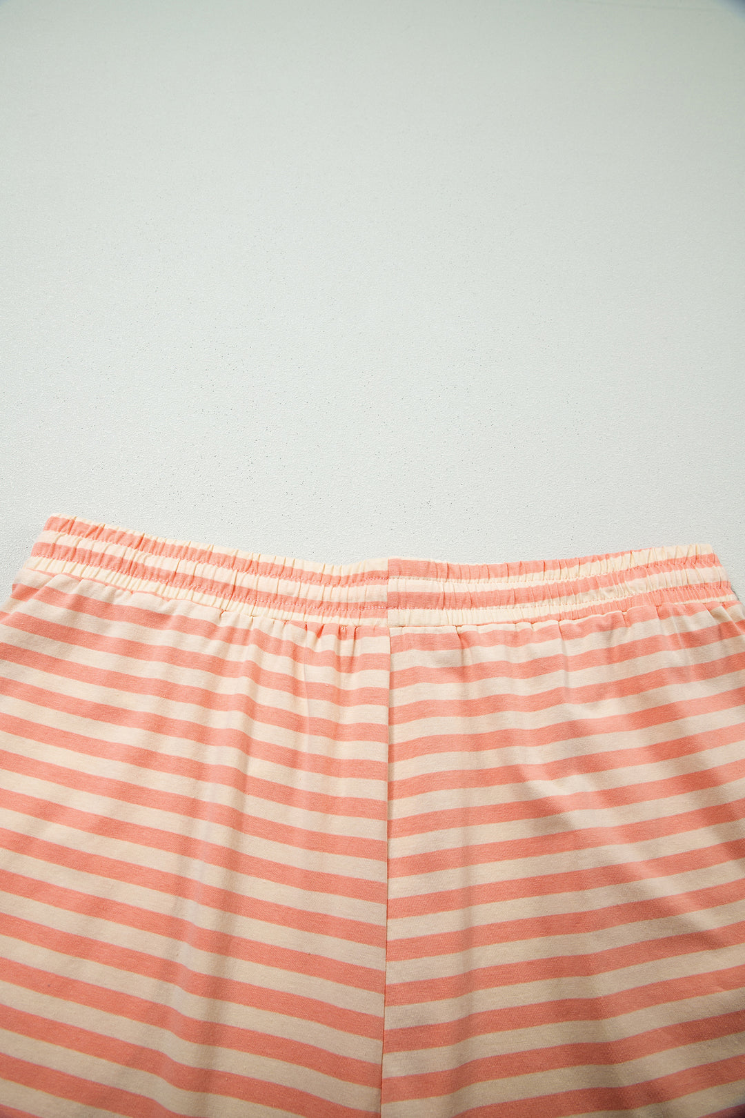 Pink Stripe Drop Shoulder T Shirt and Shorts Plus Size Summer Set