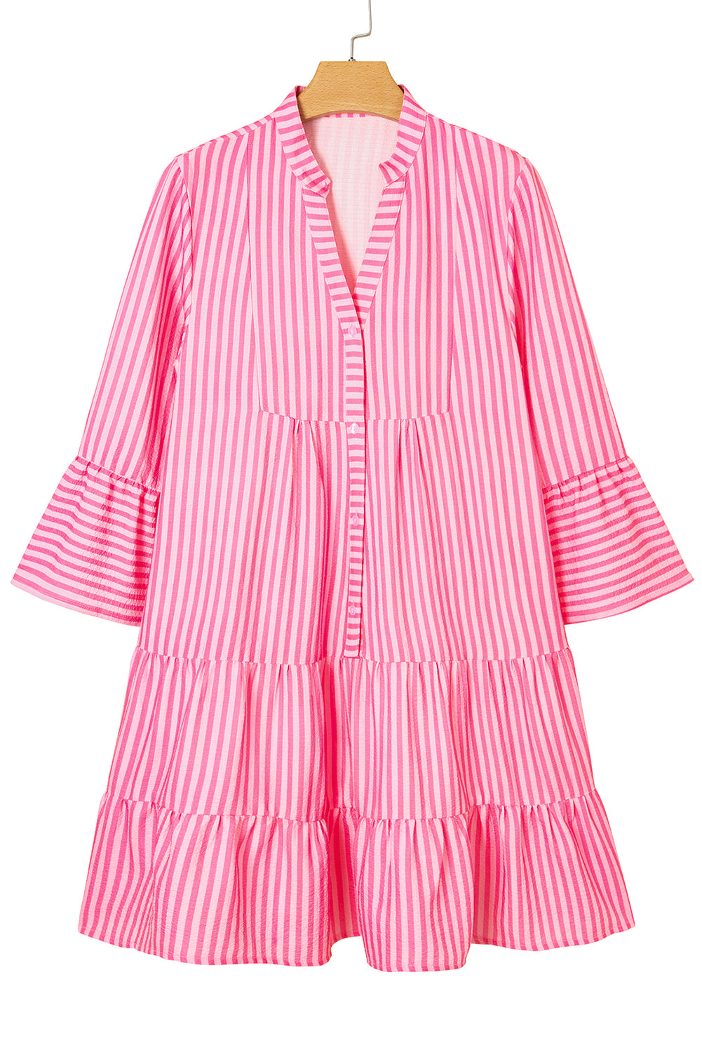 Pink Stripe Flare Sleeve Half Placket Tiered Flowy Mini Dress