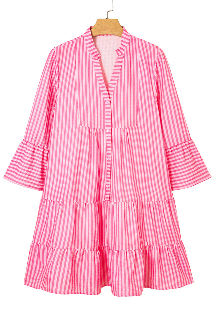 Pink Stripe Flare Sleeve Half Placket Tiered Flowy Mini Dress