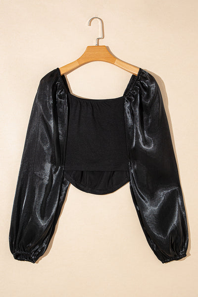 Black Sheer Lantern Sleeve Square Neck Top