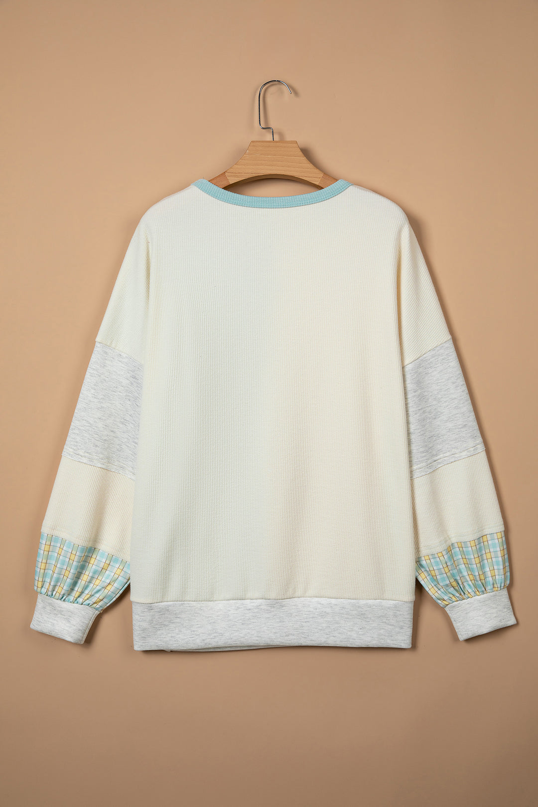 Light Blue Plaid Patchwork Round Neck Long Sleeve Top