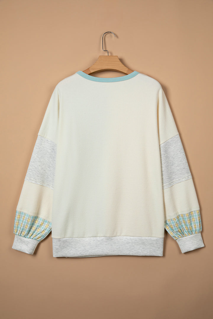 Light Blue Plaid Patchwork Round Neck Long Sleeve Top