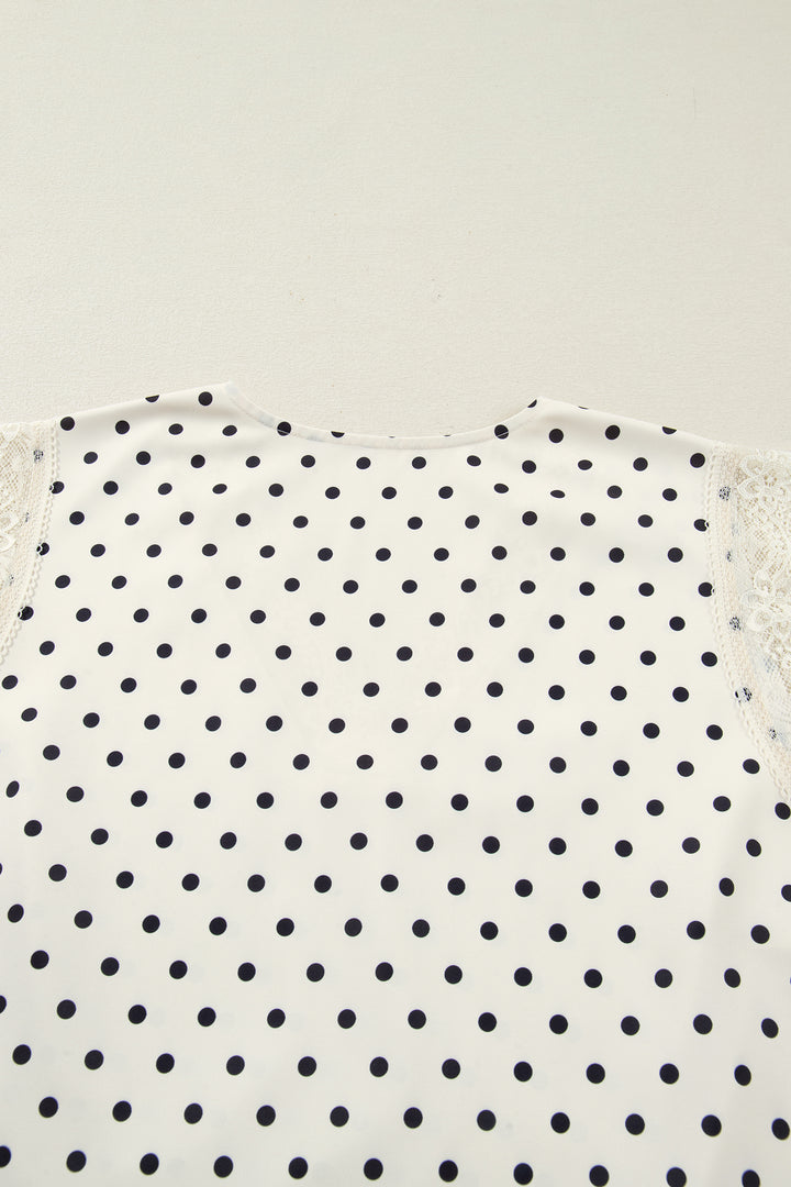 Apricot Plus Size Polka Dot Print Lace Trim V Neck Sleeveless Top