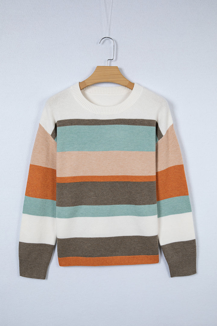 White Striped Color Block Knit Drop Shoulder Sweater