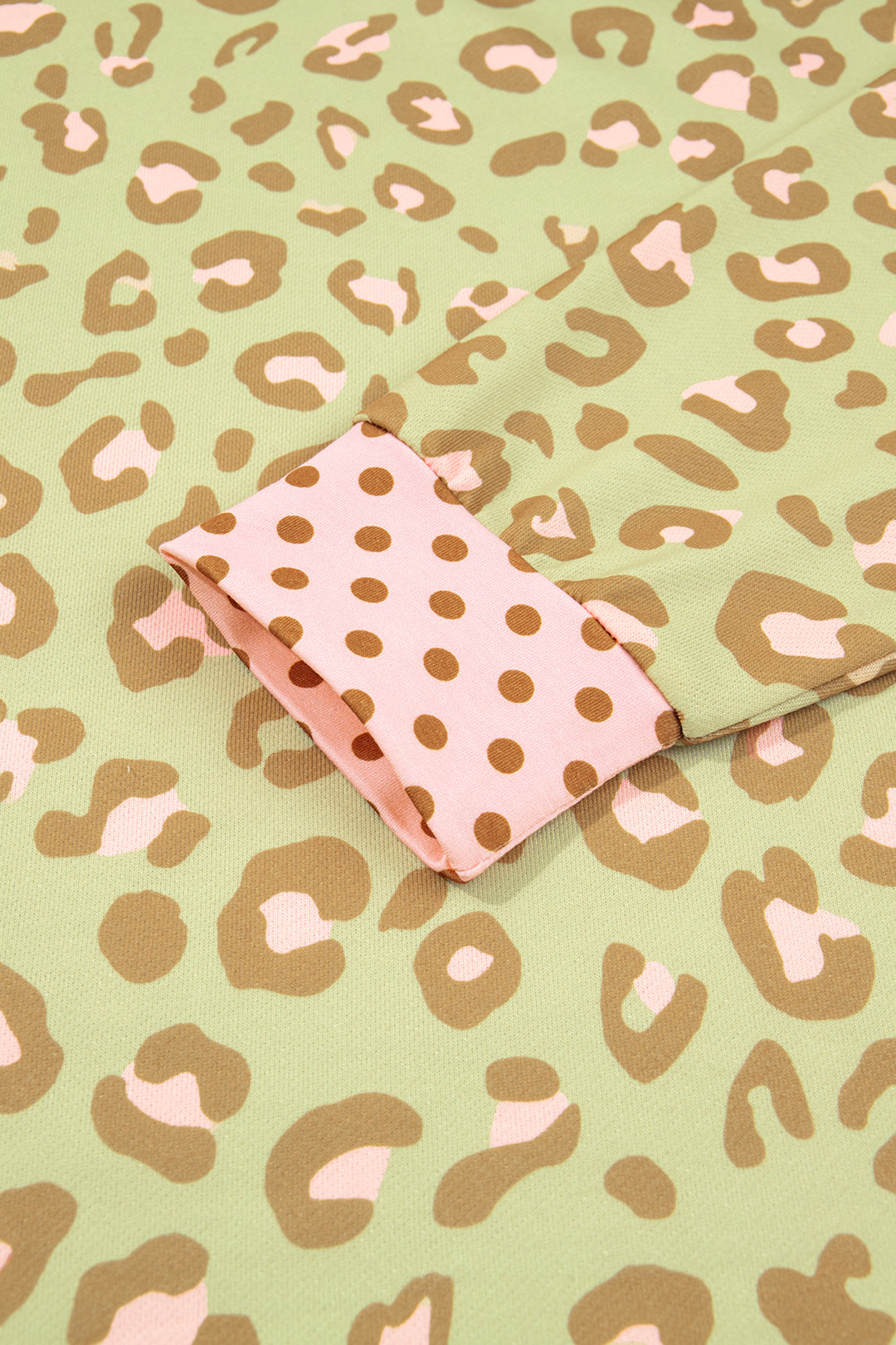 Khaki Leopard Polka Dot Colorblock Trim Long Sleeve Top