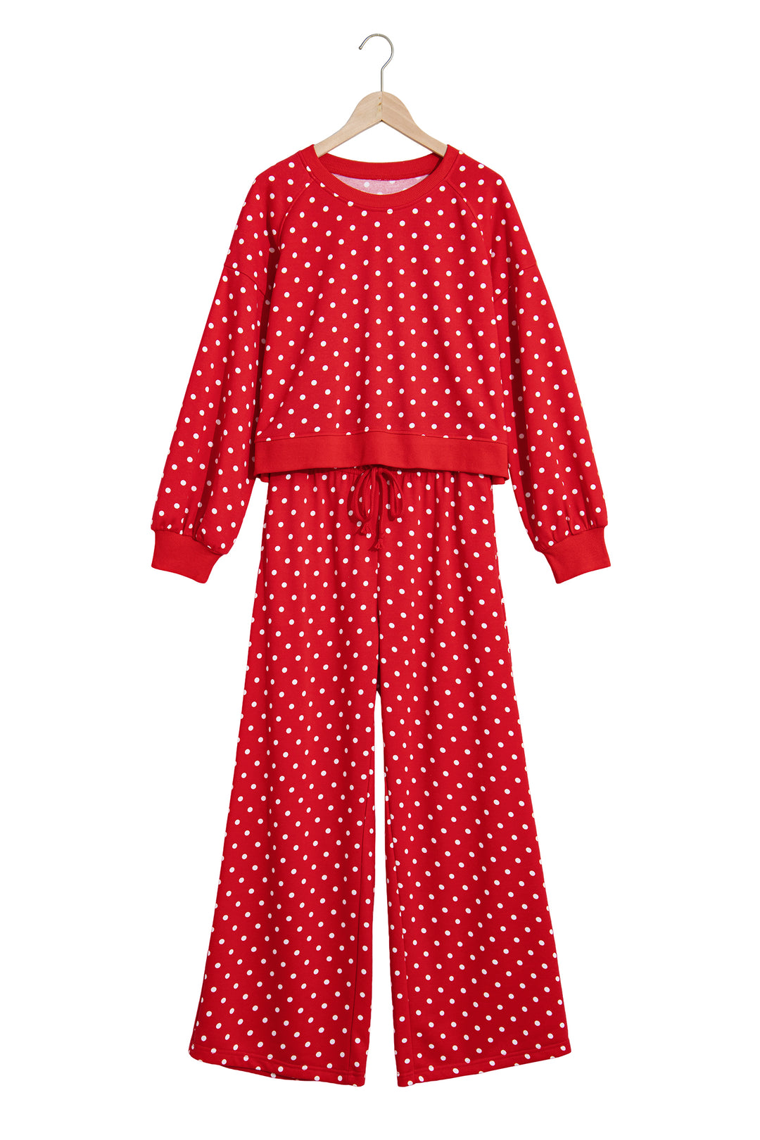Red Polka Dot Drawstring Wide Leg Long Sleeve Top Pant Set
