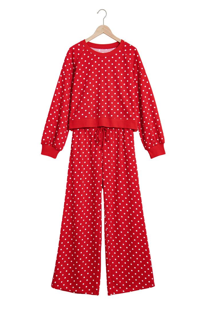 Red Polka Dot Drawstring Wide Leg Long Sleeve Top Pant Set