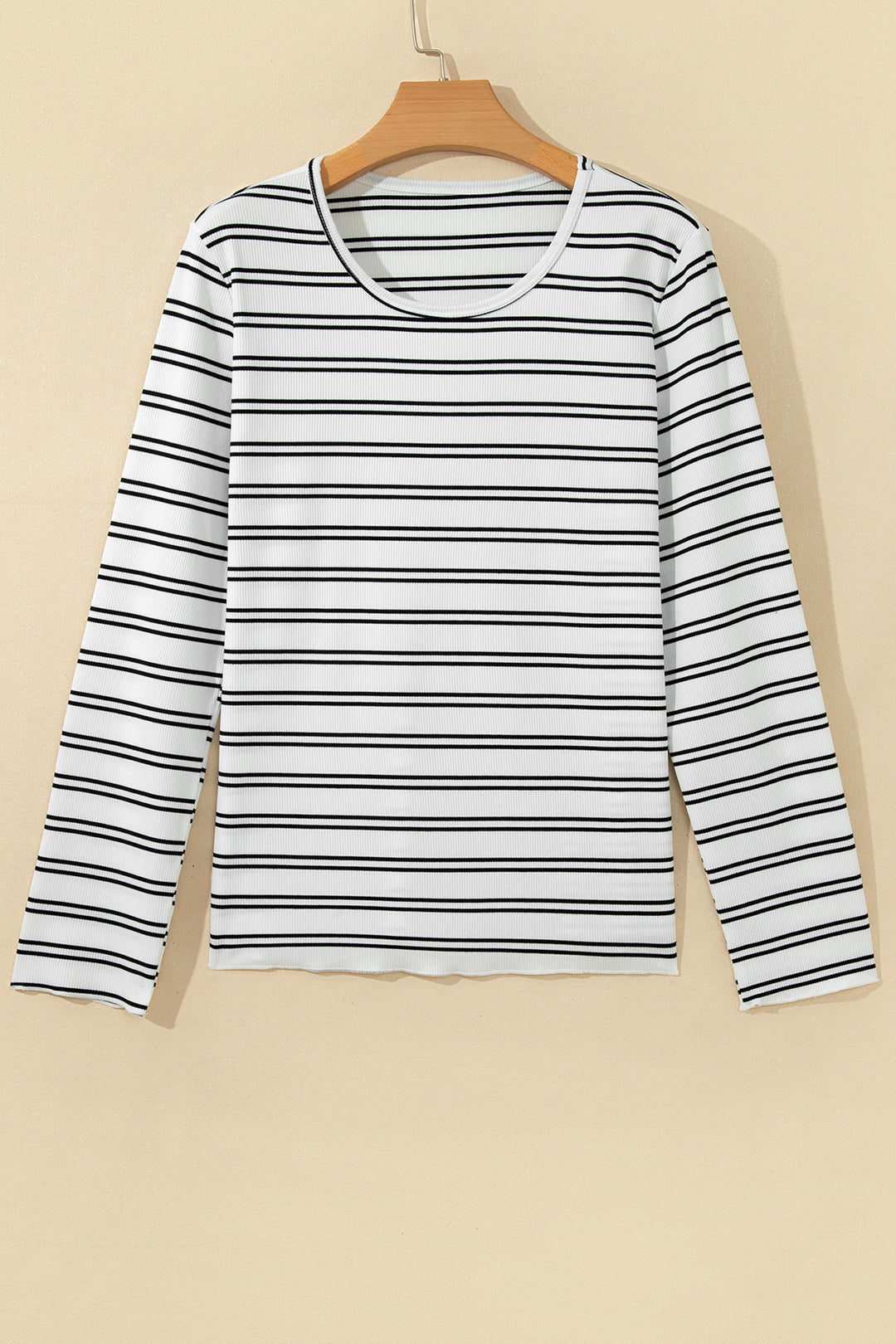 Beige Stripe Ribbed Knit Round Neck Long Sleeve Top