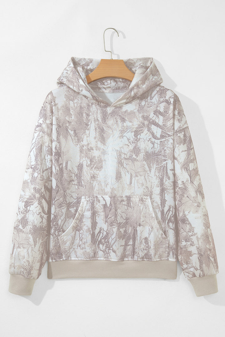 Gray Abstract Print Ribbed Cuffs Hem Long Sleeve Hoodie