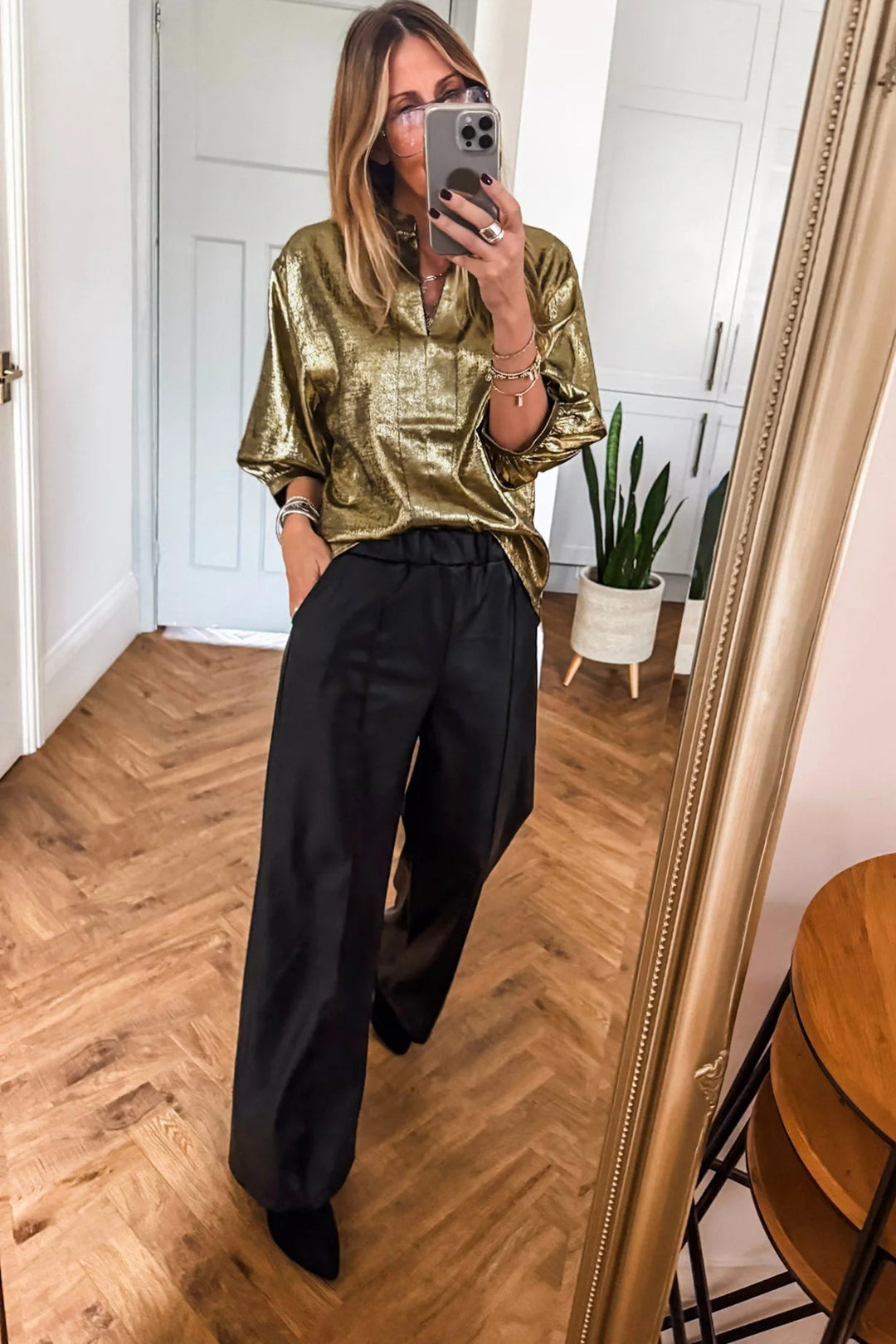 Gold Metallic Split Neck Half Sleeve Blouse