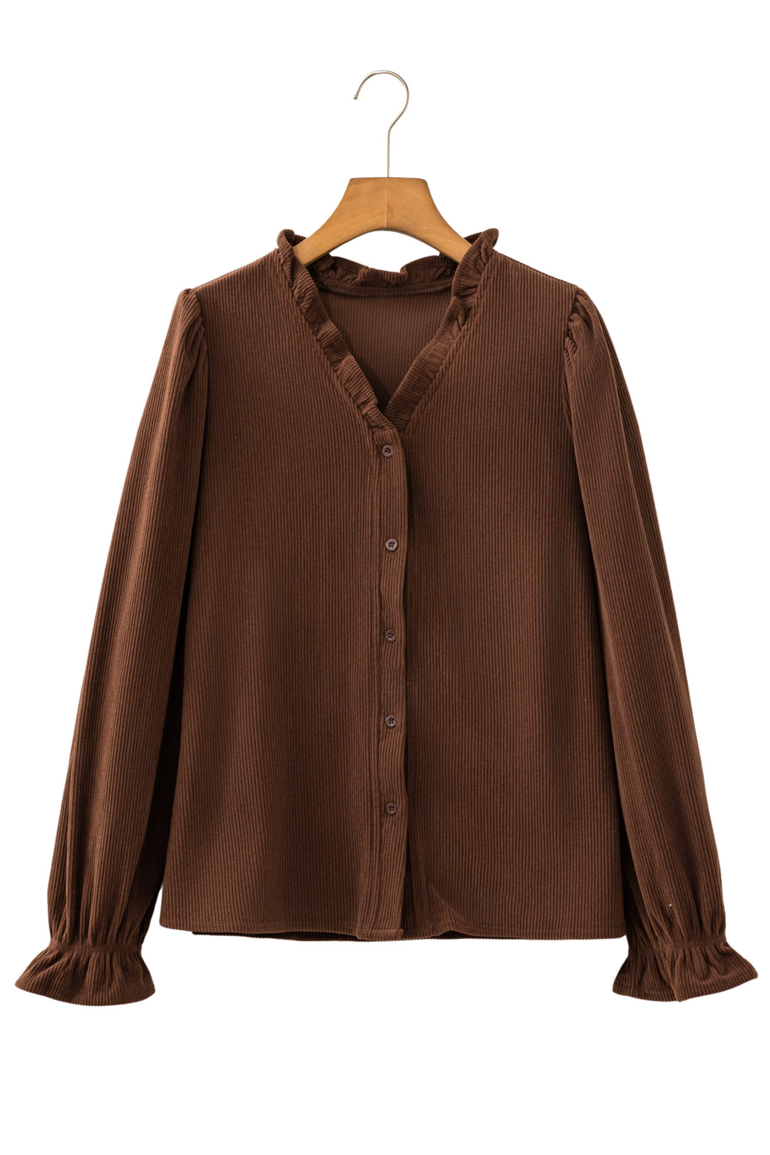 Coffee Solid Color Ruffle Trim V Neck Long Sleeve Button Corduroy Shakcet