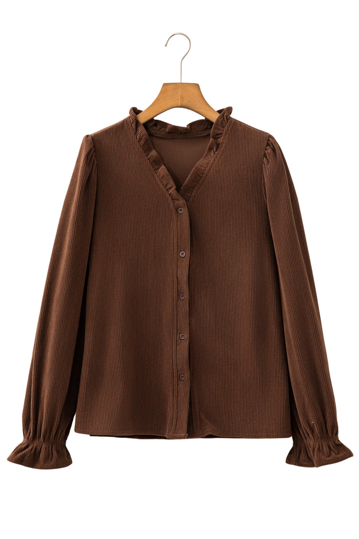 Coffee Solid Color Ruffle Trim V Neck Long Sleeve Button Corduroy Shakcet
