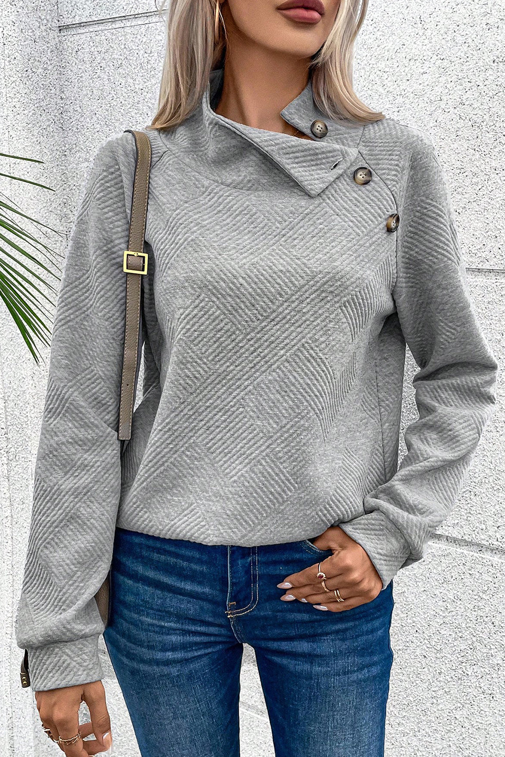 Gray Asymmetric Buttons Detail High Neck Textured Sweatshirt