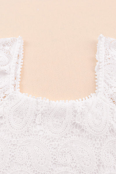 White Lace Crochet Ruffled Square Neck Tank Top