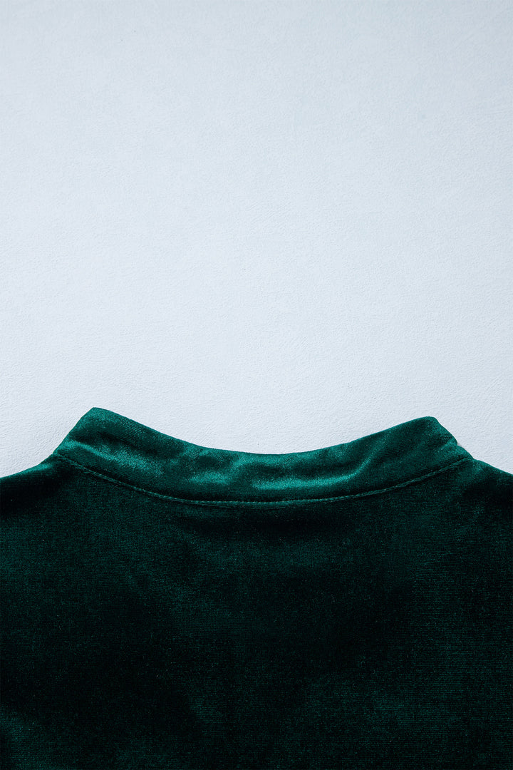 Blackish Green Leopard Trim Velvet Long Sleeve Shift Dress