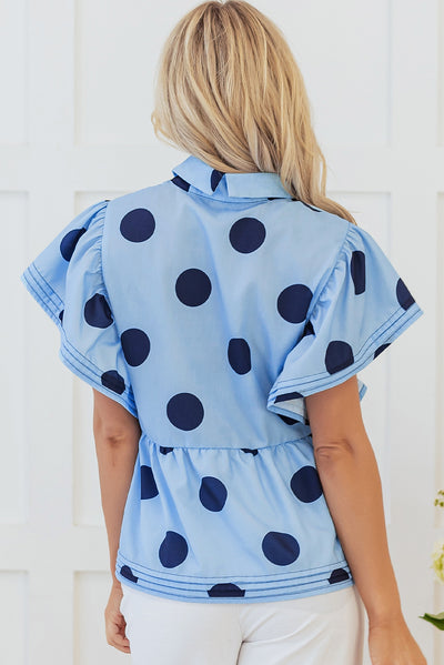 Sky Blue Polka Dot Print Ruffled Short Sleeve Buttoned Collared Blouse