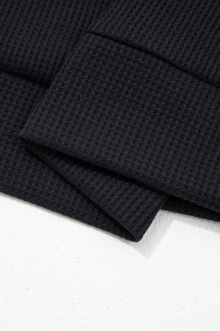 Black Waffle Knit Denim Contrast Trim Patchwork Button Polo Collar Top