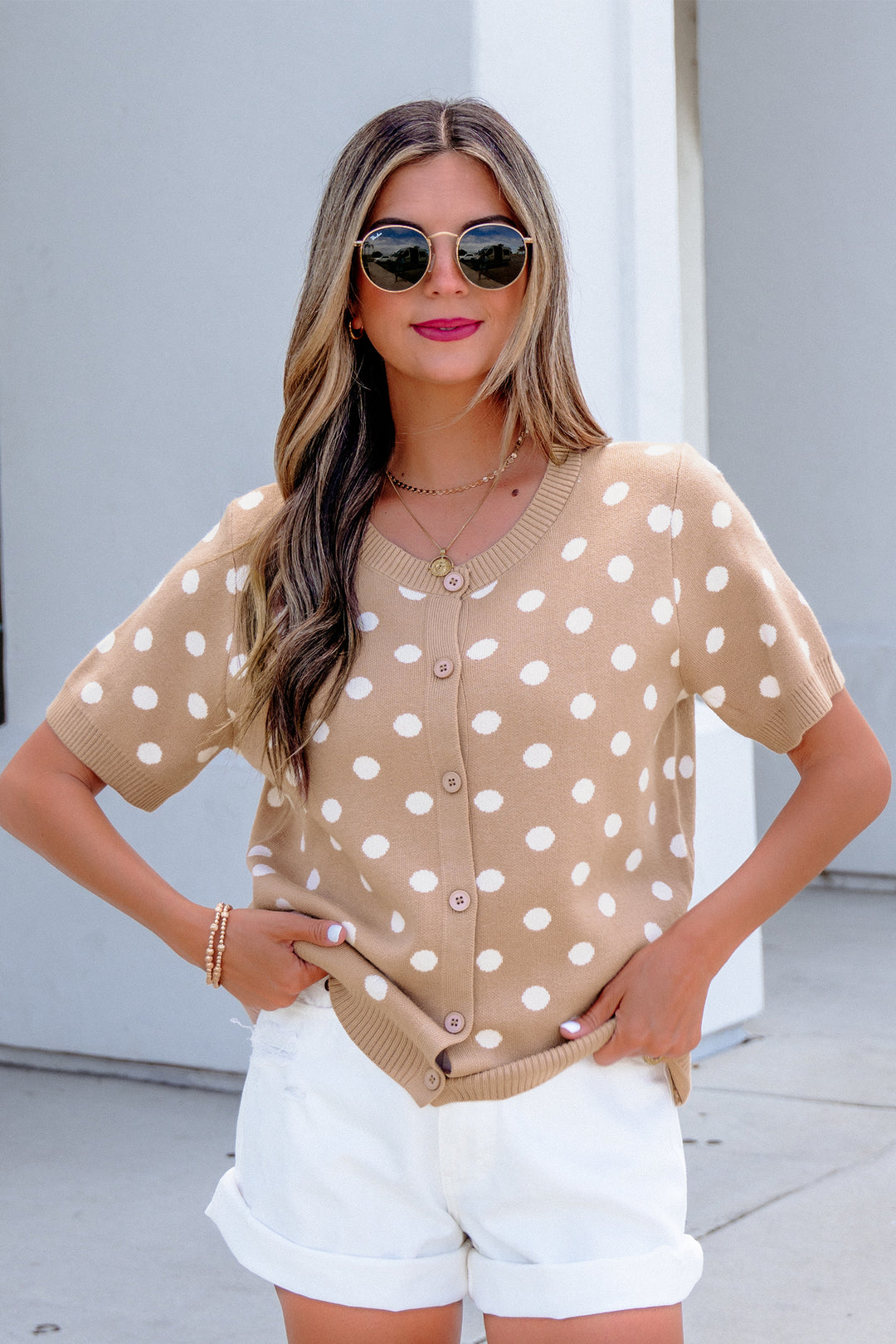 Dark Khaki Polka Dot Short Sleeve Button Down Sweater Cardigan