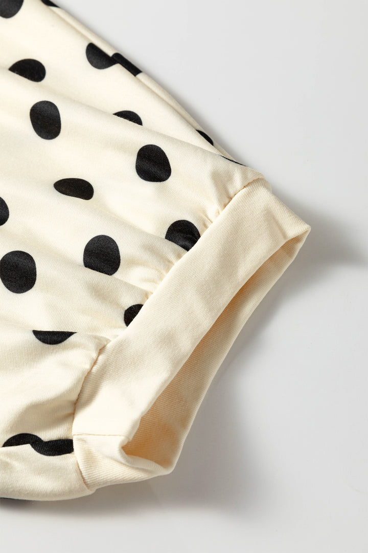 Beige Polka Dot Oversized Top Drawstring Short Set