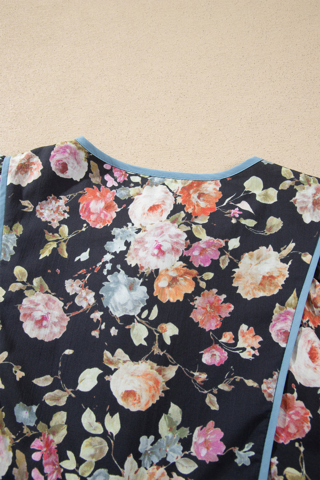 Black Floral Print Contrast Trim Tie V Neck Bracelet Sleeve Blouse