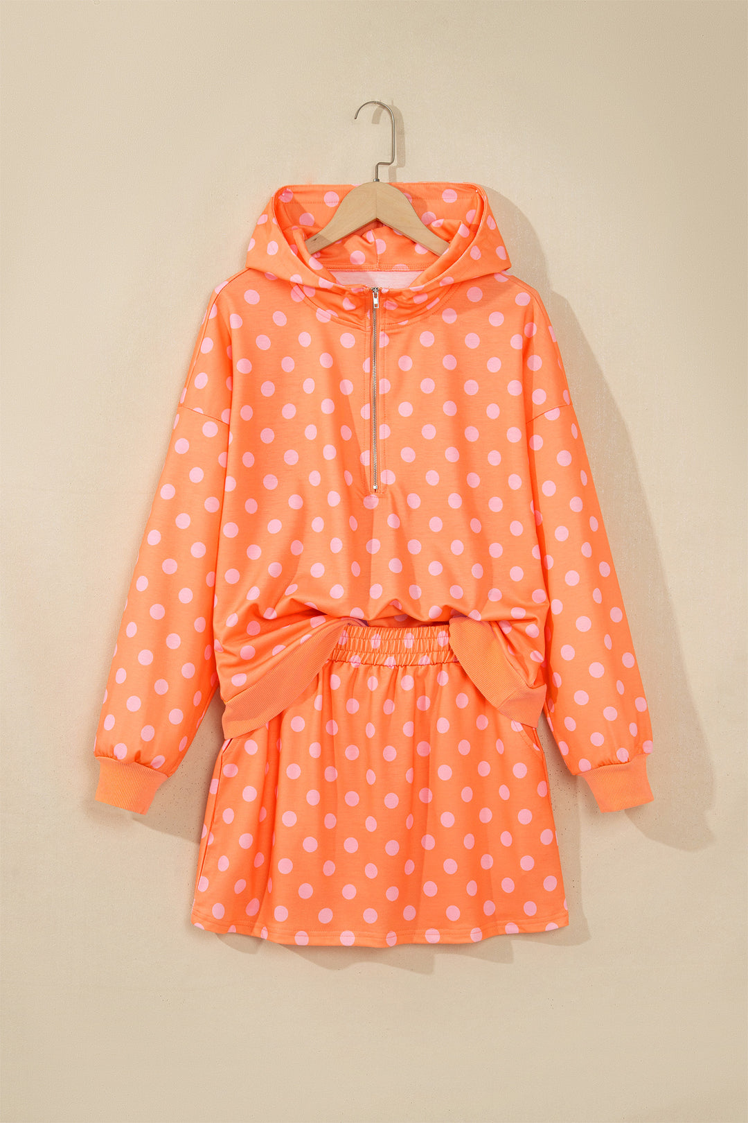 Khaki Polka Dot Hooded Long Sleeve Top Casual Mini Skort Set