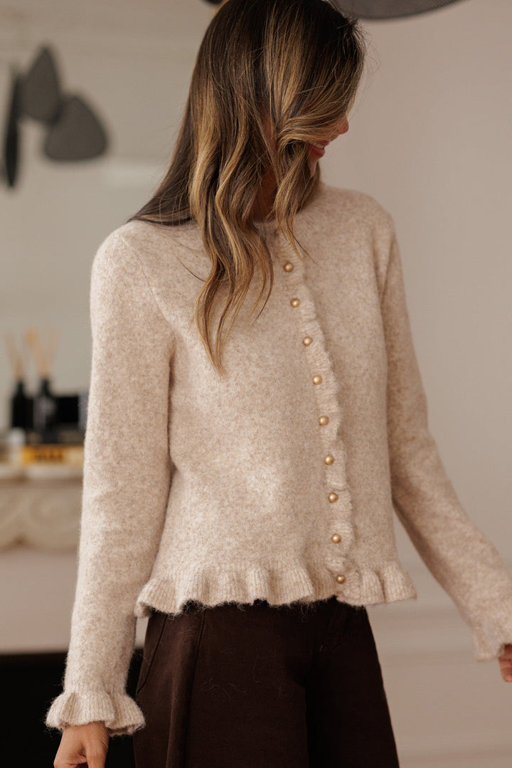 Oatmeal Ruffle Trim Gold Button Sweater Cardigan
