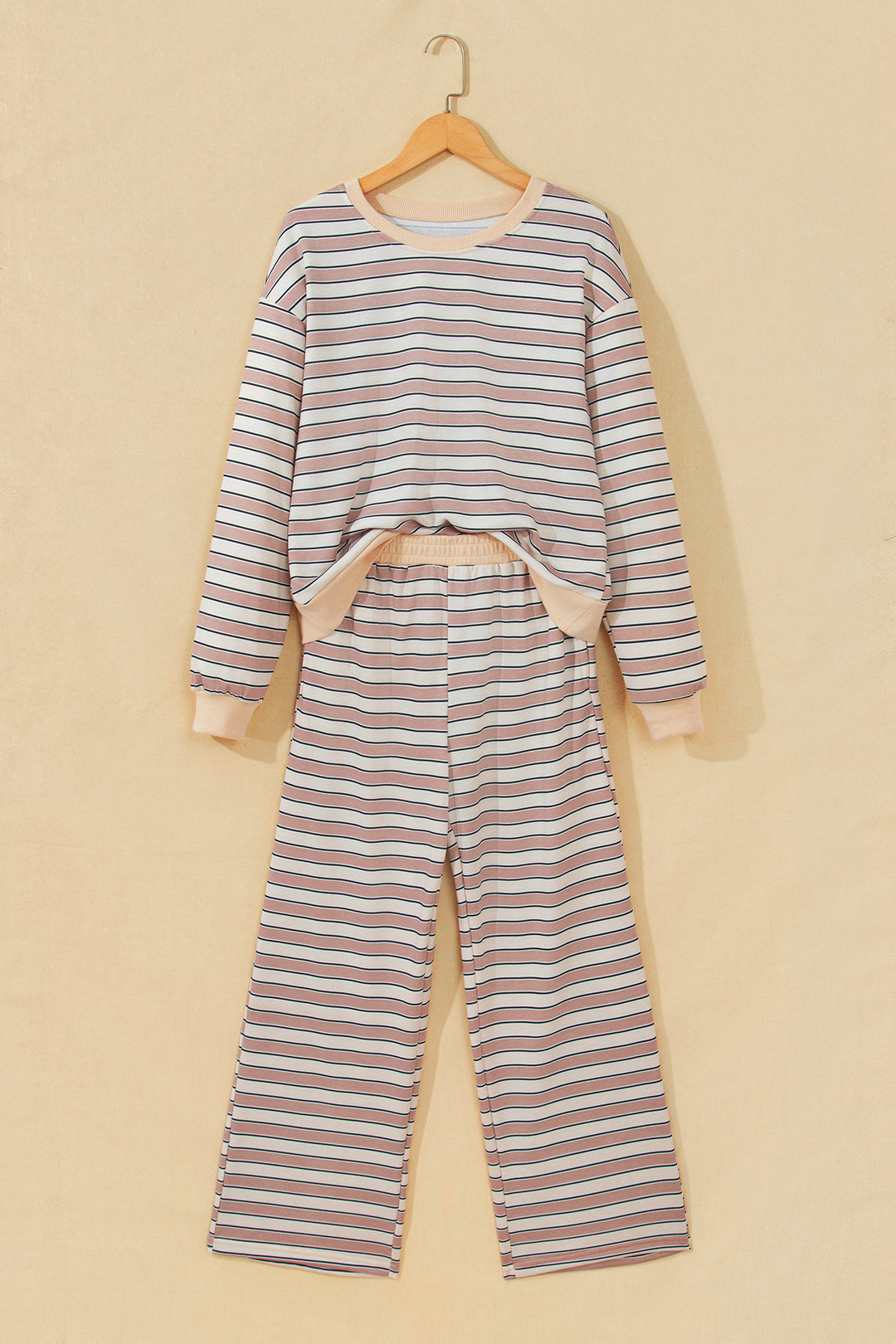 Khaki Stripe Contrast Trim Long Sleeve Top Elastic Waist Pants Set