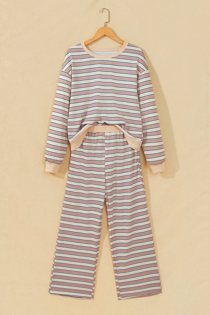 Khaki Stripe Contrast Trim Long Sleeve Top Elastic Waist Pants Set