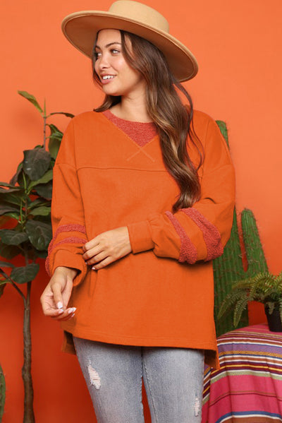 Carrot Fleece Patchwork Side Slits High Low Sweatshirt