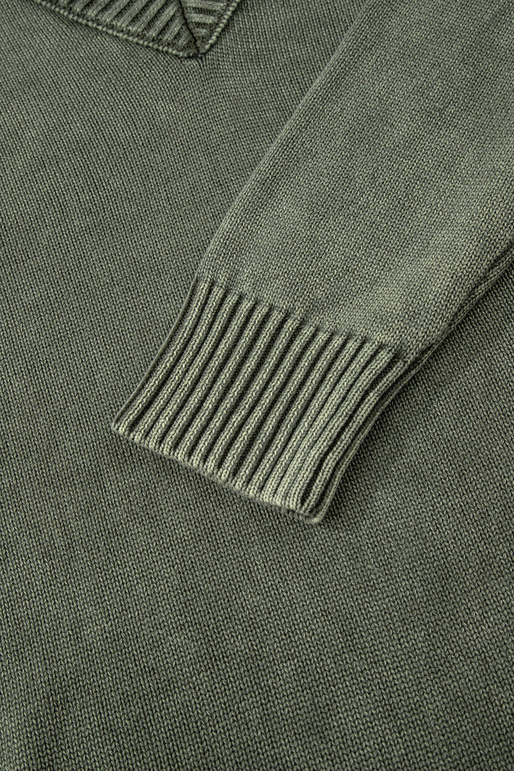 Four Leaf Clover Mineral Wash V Neck Knit Exposed Seam Drop Shoulder Loose Sweater