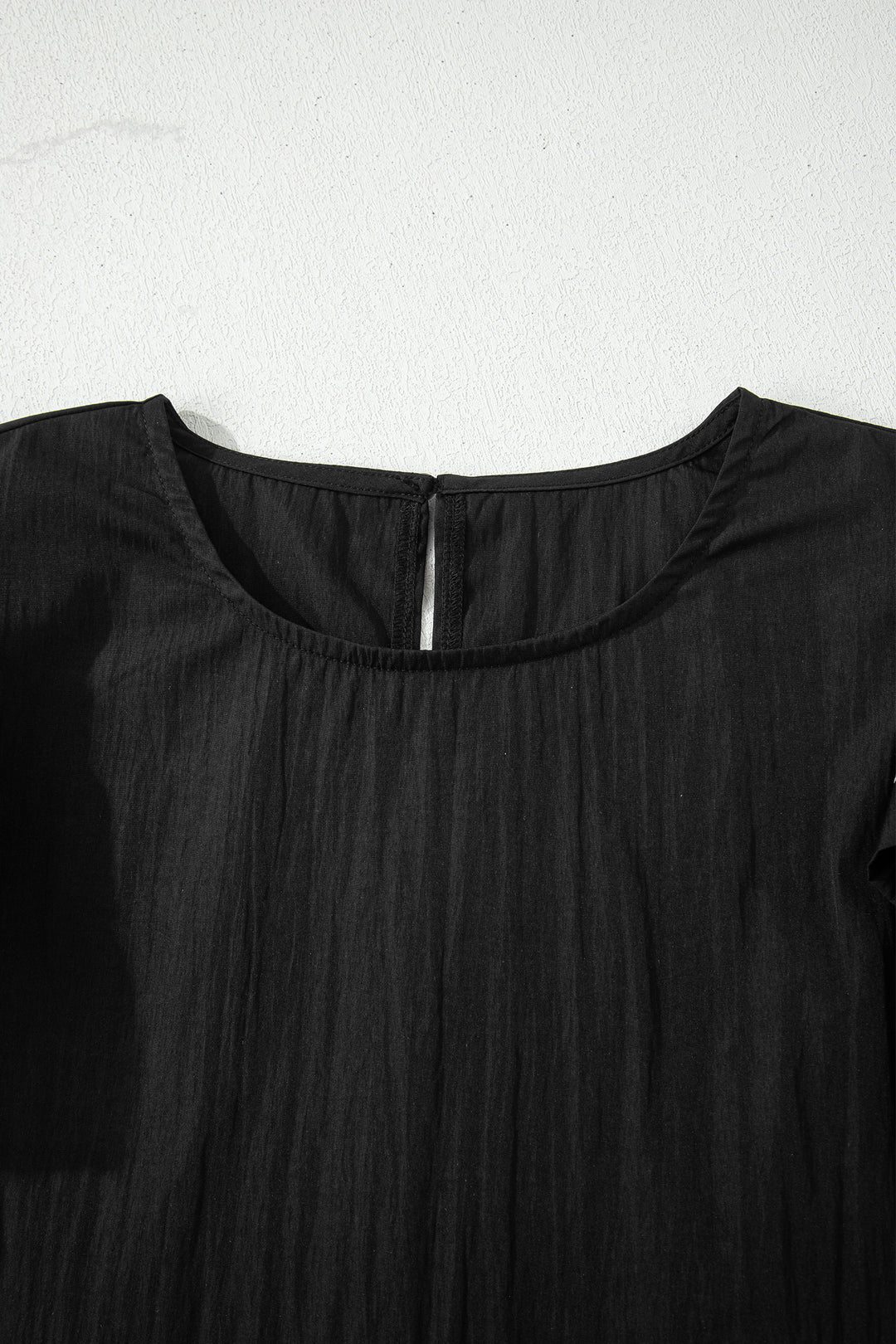Black Contrast Trim Dual Ruffle Short Sleeve Textured Blouse