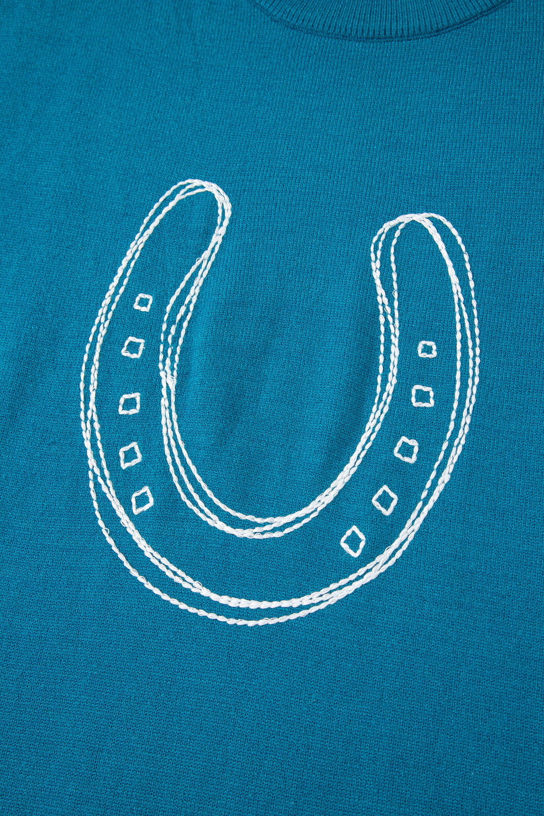 Light Blue Horse Shoe Embroidered Loose Short Sleeve Sweater
