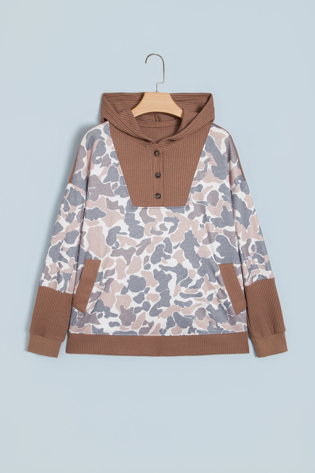 Khaki Camouflage Print Waffled Patchwork Loose Pullover Hoodie