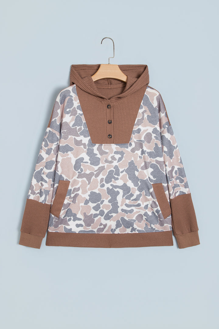 Khaki Camouflage Print Waffled Patchwork Loose Pullover Hoodie