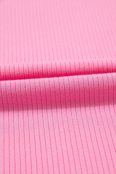 Strawberry Pink Ruffled Pleated Mesh Sleeve Ribbed Knit Slim Fit T Shirt