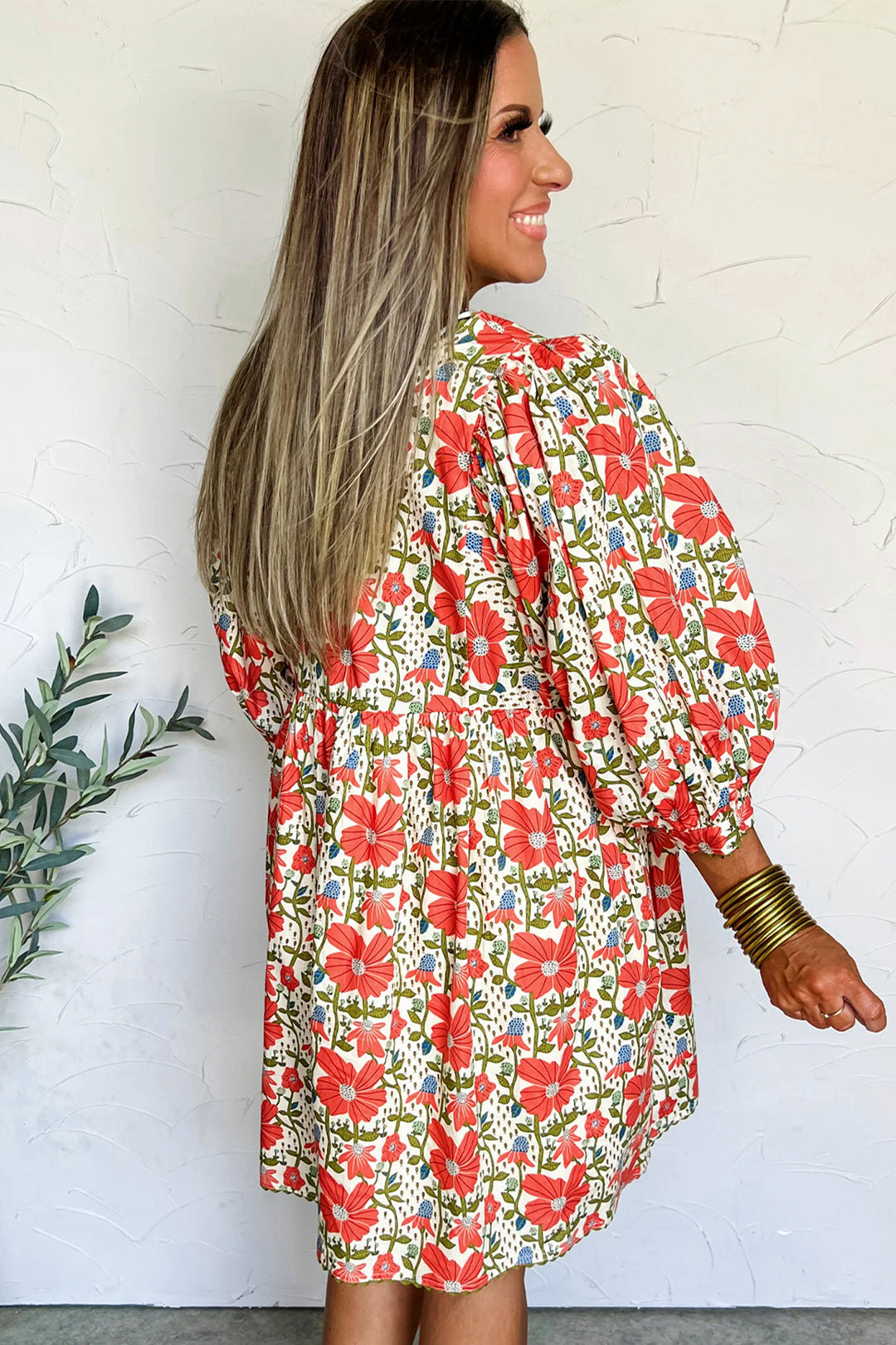 Red Floral Print Ricrac Trim V Neck 3/4 Sleeve Loose Mini Dress