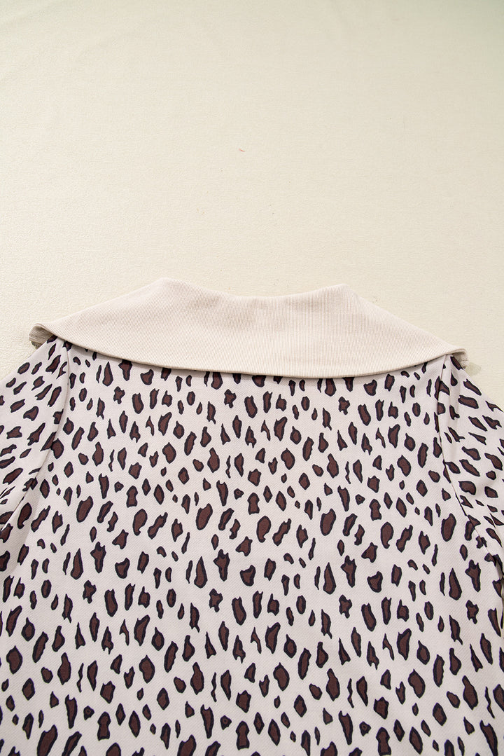 Khaki Leopard Print Zip up Collar Patchwork Shift Mini Dress