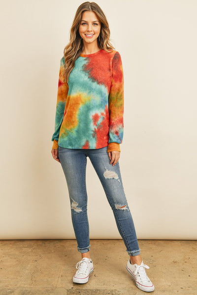 Long Sleeve Boat Neck Tie Dye Round Hem Top