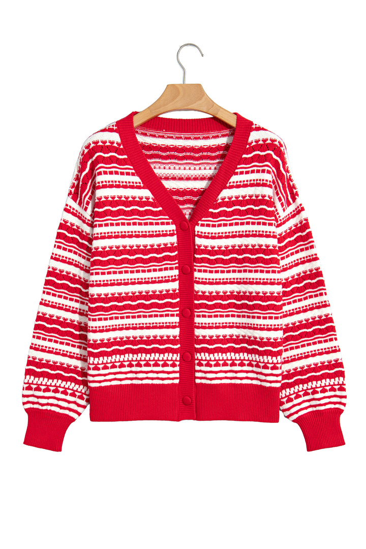 Red Geometric Striped Pattern V Neck Button Front Casual Knit Cardigan