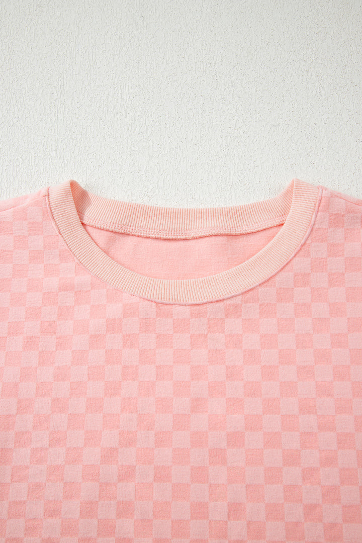Pink Checkerboard Long Sleeve Pullover and Shorts Set