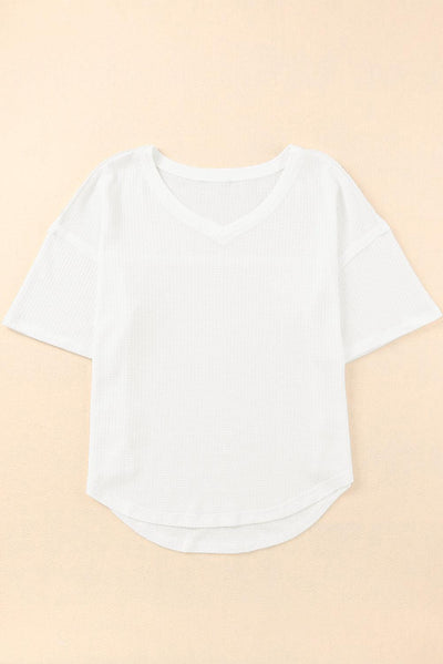 White Waffle Knit Drop Shoulder Loose Top