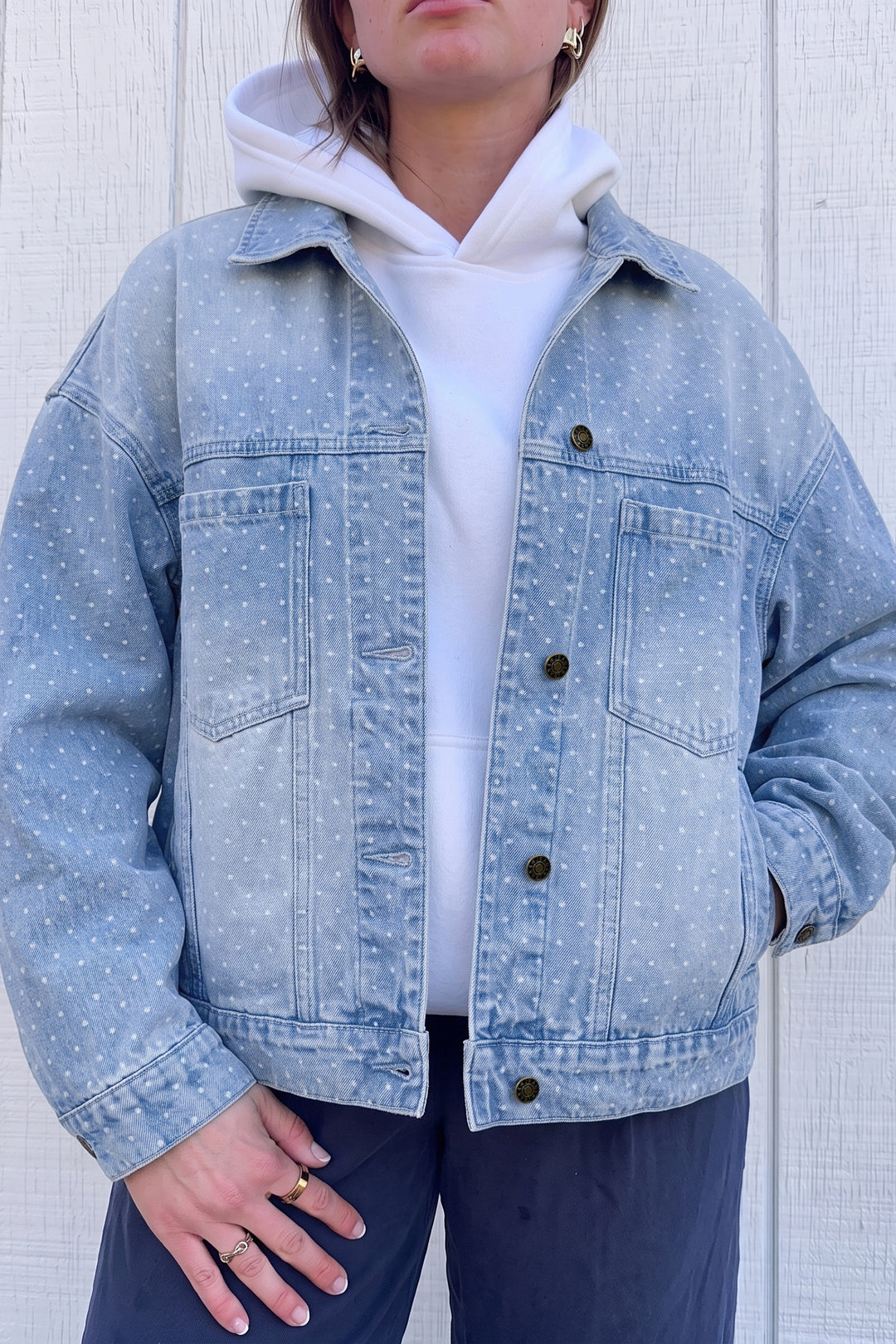 Sky Blue Polka Dot Long Sleeve Collar Pocket Casual Shift Silhouette Denim Jacket