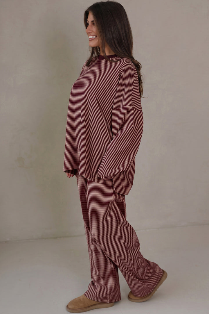 Brown Stripe Contrast Trim Round Neck Oversize Long Sleeve Top 2pcs Pant Set