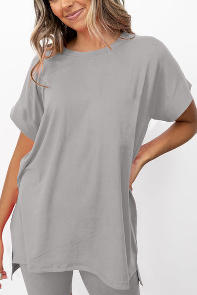 Gray Solid Split Hem Tunic Tee and Tight Shorts Set