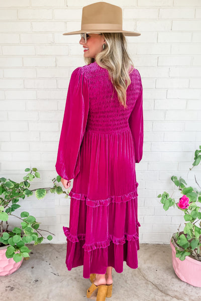 Rose Red Shirred V Neck Tiered Ruffled Velvet Plus Size Maxi Dress