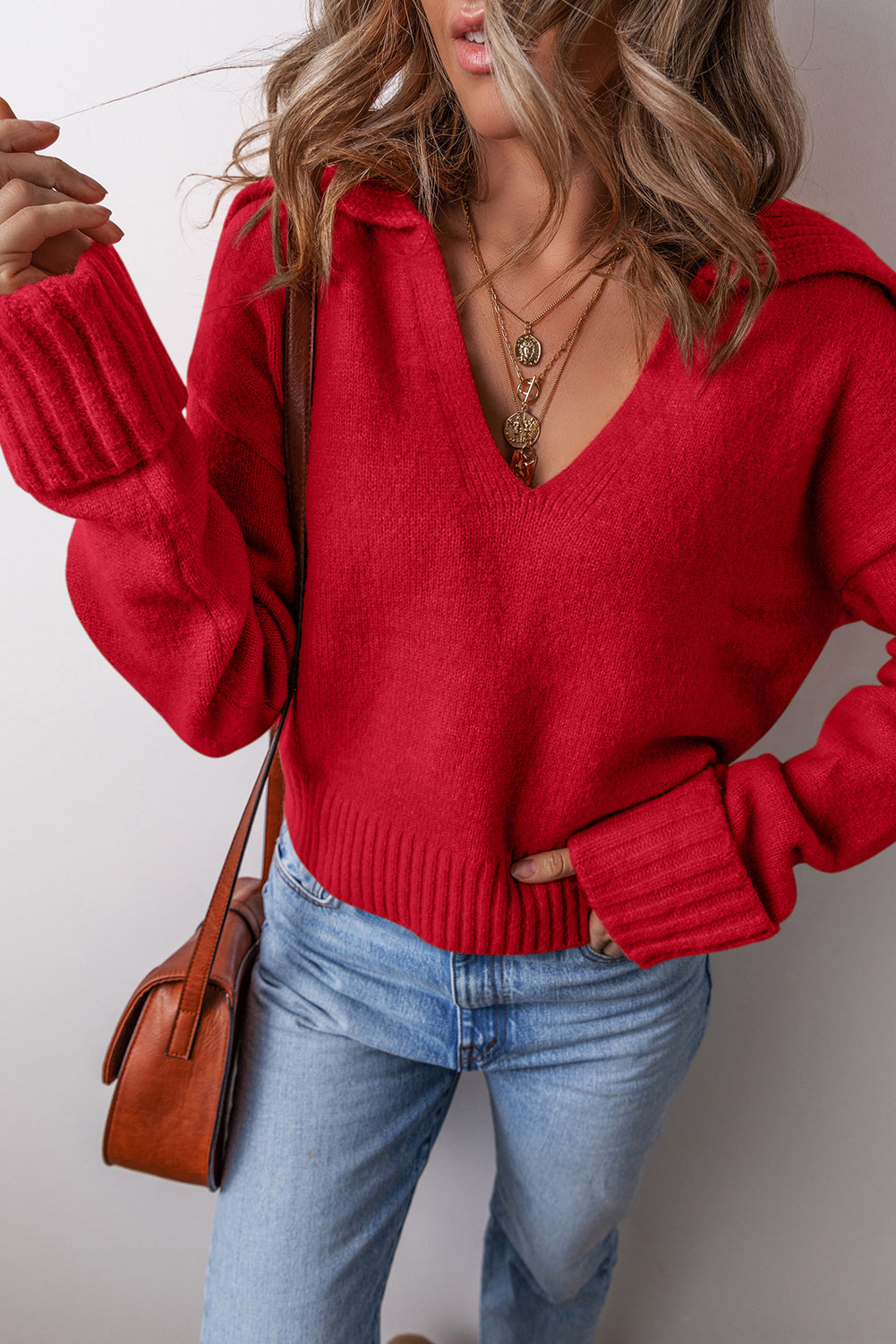Chestnut Collared V Neck Ribbed Edge Sexy Elegant Sweater