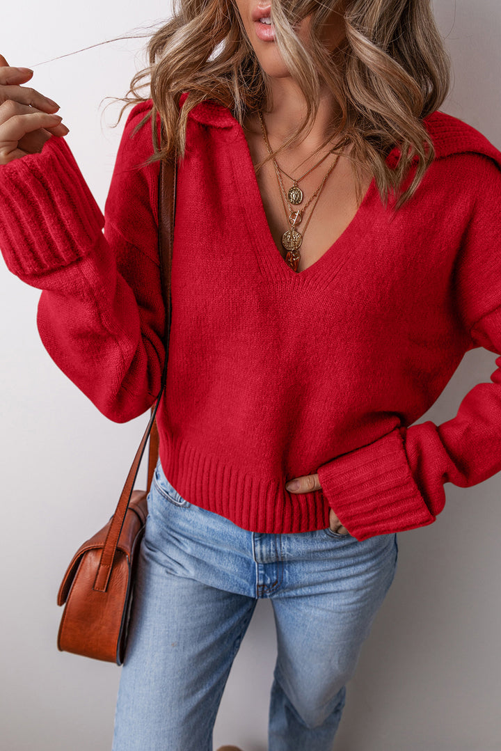 Chestnut Collared V Neck Ribbed Edge Sexy Elegant Sweater