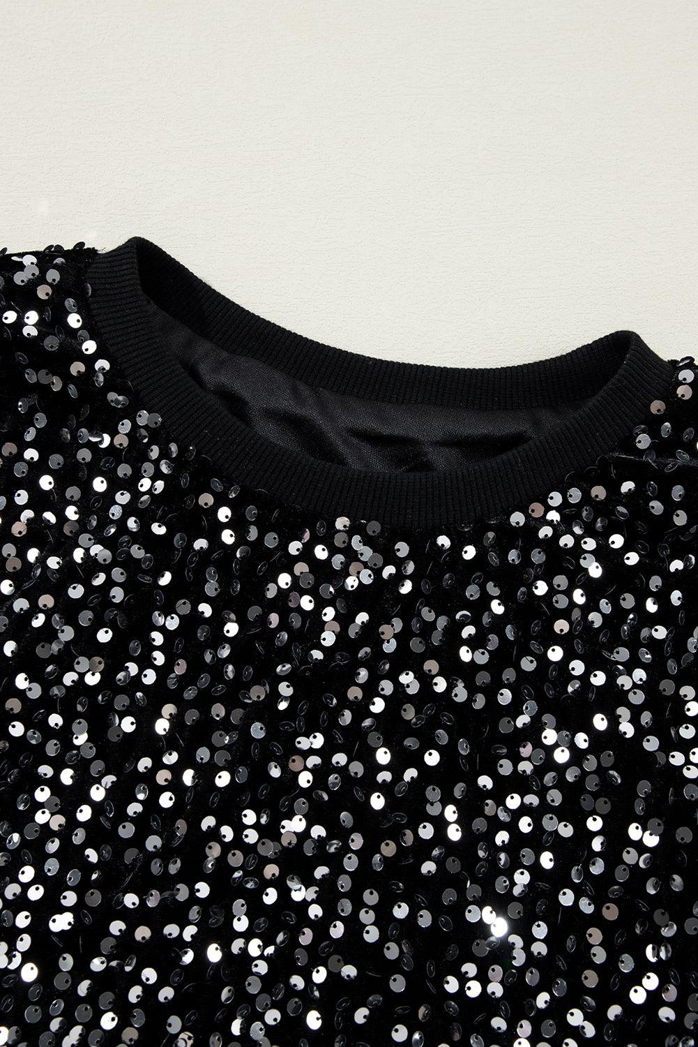 Black Sequined Long Sleeve Crew Neck Cropped Blouse