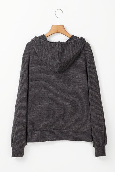 Dark Grey Ribbed Zip Up Front Drawstring Hoodie