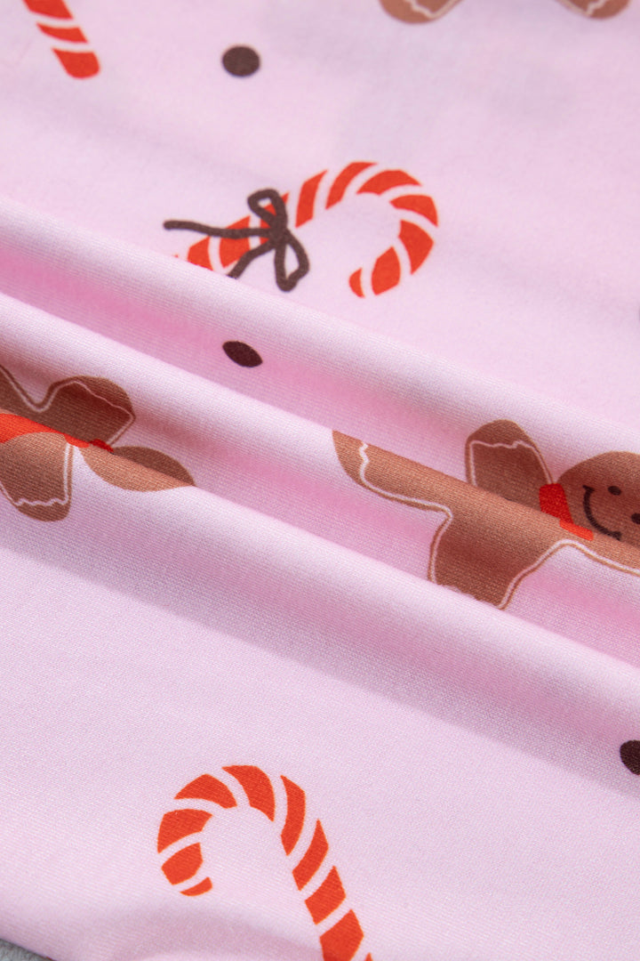 Pink Short Sleeve Placket Shell Button Elastic Waist Lounge Set